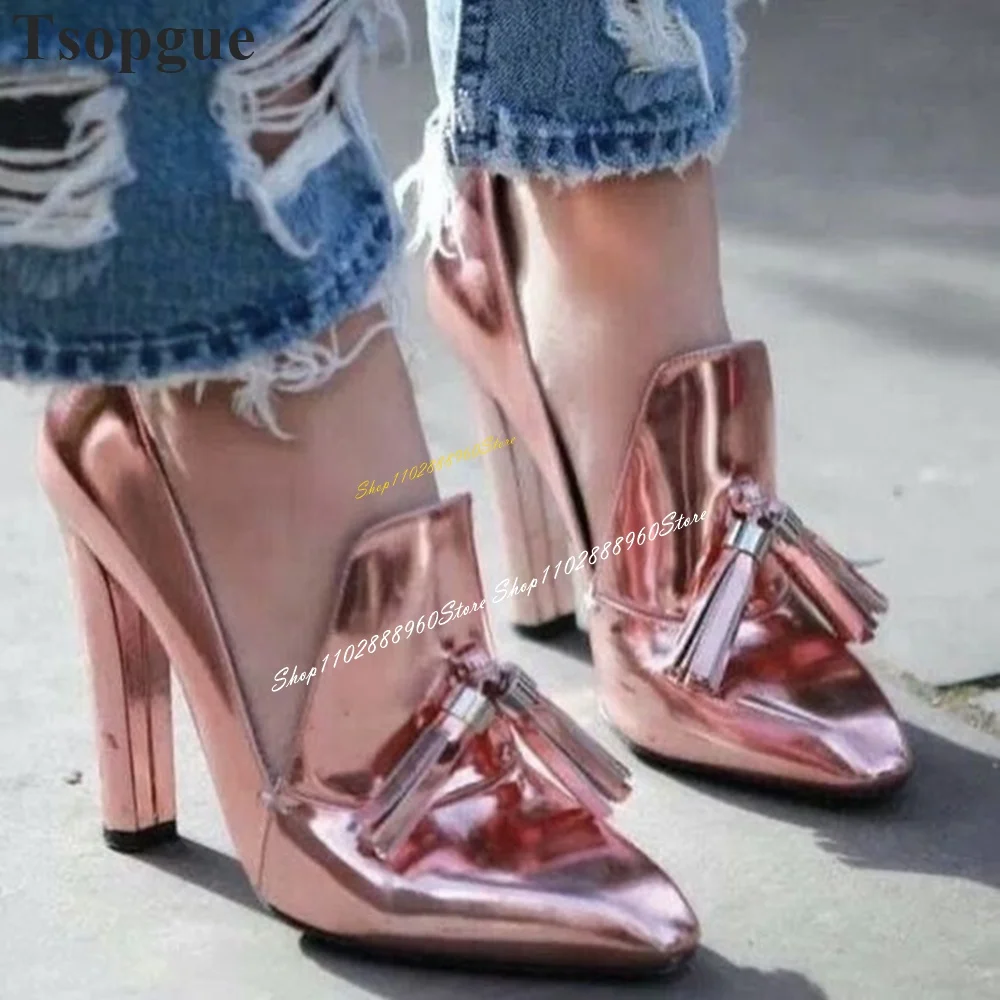 Glossy Pink Metallic Tassels Decoration Pumps Chunky High Heel Women Shoes Slip On Pointed Toe 2024 Fashion Zapatos Para Mujere
Glossy Pink Metallic Tassels Decoration Pumps Chunky High Heel Women Shoes Slip On Pointed Toe 2024 Fashion Zapatos Para Mujere