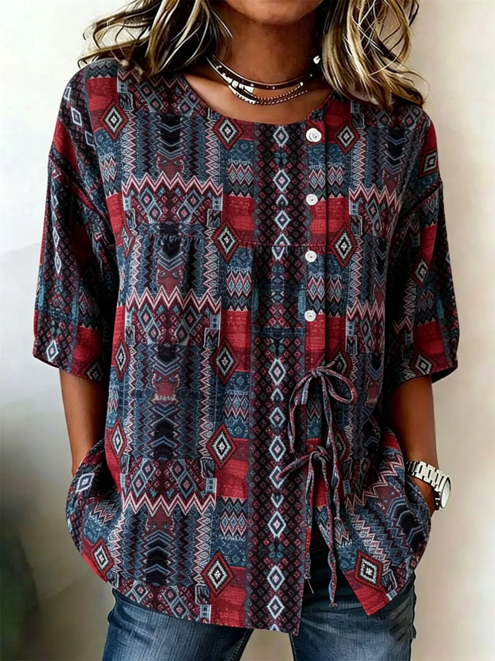 Women's Spring Summer Drawstring Blouse, Ethnic Aztec Geometric Print Casual Tops for Daily Street Holiday Dating Leisure Outfit
Women's Spring Summer Drawstring Blouse, Ethnic Aztec Geometric Print Casual Tops for Daily Street Holiday Dating Leisure Outfit