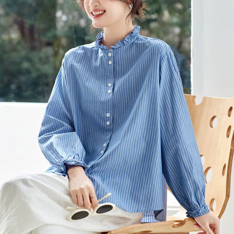 Striped Shirt Female Spring New Ruffles Single Breasted Buttons O Neck Casual Loose Blouse Tops Vintage Women Long Sleeve Shirt
Striped Shirt Female Spring New Ruffles Single Breasted Buttons O Neck Casual Loose Blouse Tops Vintage Women Long Sleeve Shirt