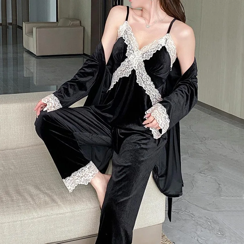 3pc Velour Pajamas Set Autumn Winter Velvet Sleepwear Trouser PJS Suit Black Women Lace Bathrobe Pijamas Home Wear Lingerie
3pc Velour Pajamas Set Autumn Winter Velvet Sleepwear Trouser PJS Suit Black Women Lace Bathrobe Pijamas Home Wear Lingerie