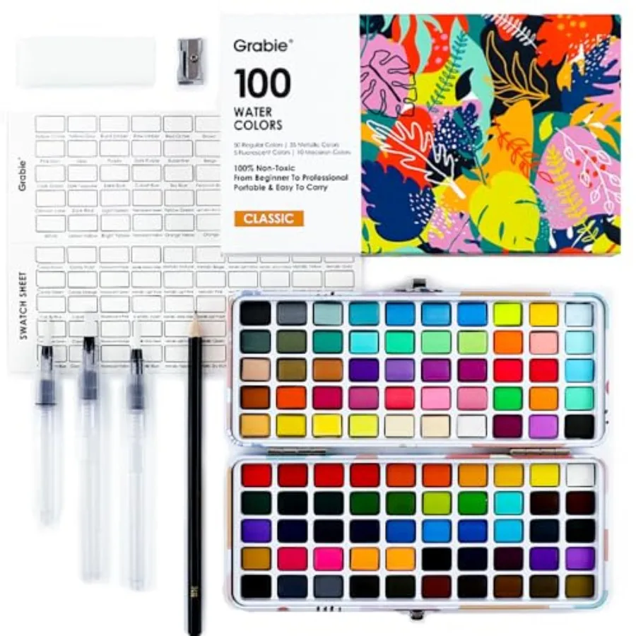Watercolor Paint Set - Regular, 35 Metallic, 10 Macaron and 5 Fluorescent Colors - Portable with Carrying Case, Water Brush Pen
Watercolor Paint Set - Regular, 35 Metallic, 10 Macaron and 5 Fluorescent Colors - Portable with Carrying Case, Water Brush Pen