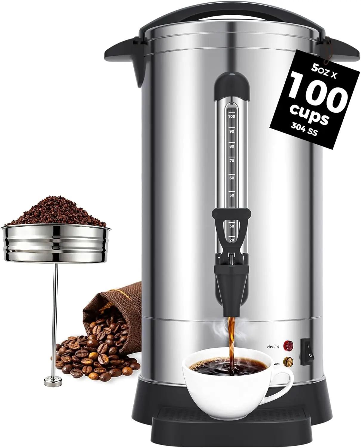 1500W Commercial Coffee Urn 100 Cup / 15L Large Percolator Coffee Pot, 304 Stainless Steel Double-Wall Hot Water Dispenser
1500W Commercial Coffee Urn 100 Cup / 15L Large Percolator Coffee Pot, 304 Stainless Steel Double-Wall Hot Water Dispenser