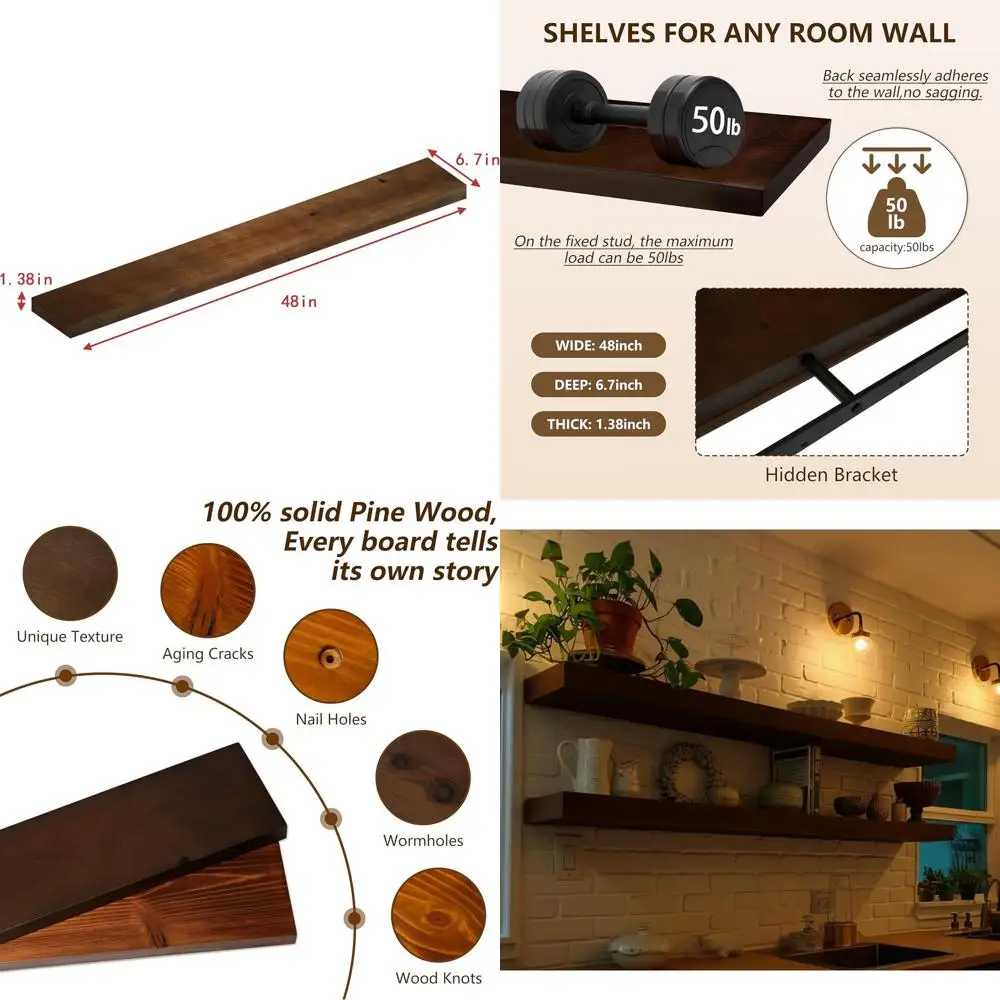48 Inch Rustic Pine Floating Shelves with Hidden Brackets for Wall Mounting in Various Rooms (Walnut)
48 Inch Rustic Pine Floating Shelves with Hidden Brackets for Wall Mounting in Various Rooms (Walnut)