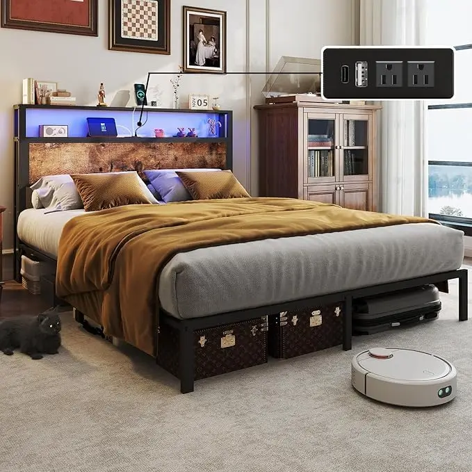 Full Size Bed Frame Storage Headboard USB Charging Station 12 LED Colors Wood Platform Noise-Free Vintage Brown, Customized
Full Size Bed Frame Storage Headboard USB Charging Station 12 LED Colors Wood Platform Noise-Free Vintage Brown, Customized