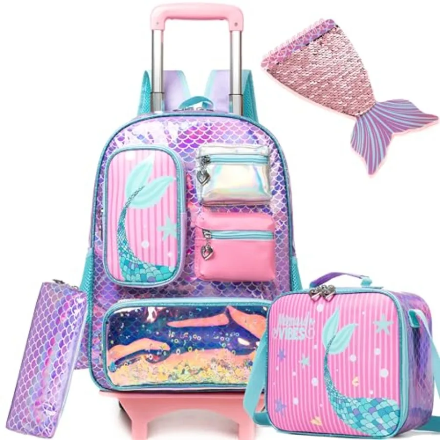 Mermaid Rolling Backpack for Girls Backpack with Wheels for Elementary Student School Bag with Lunch Box Pencil Case for Girls
Mermaid Rolling Backpack for Girls Backpack with Wheels for Elementary Student School Bag with Lunch Box Pencil Case for Girls