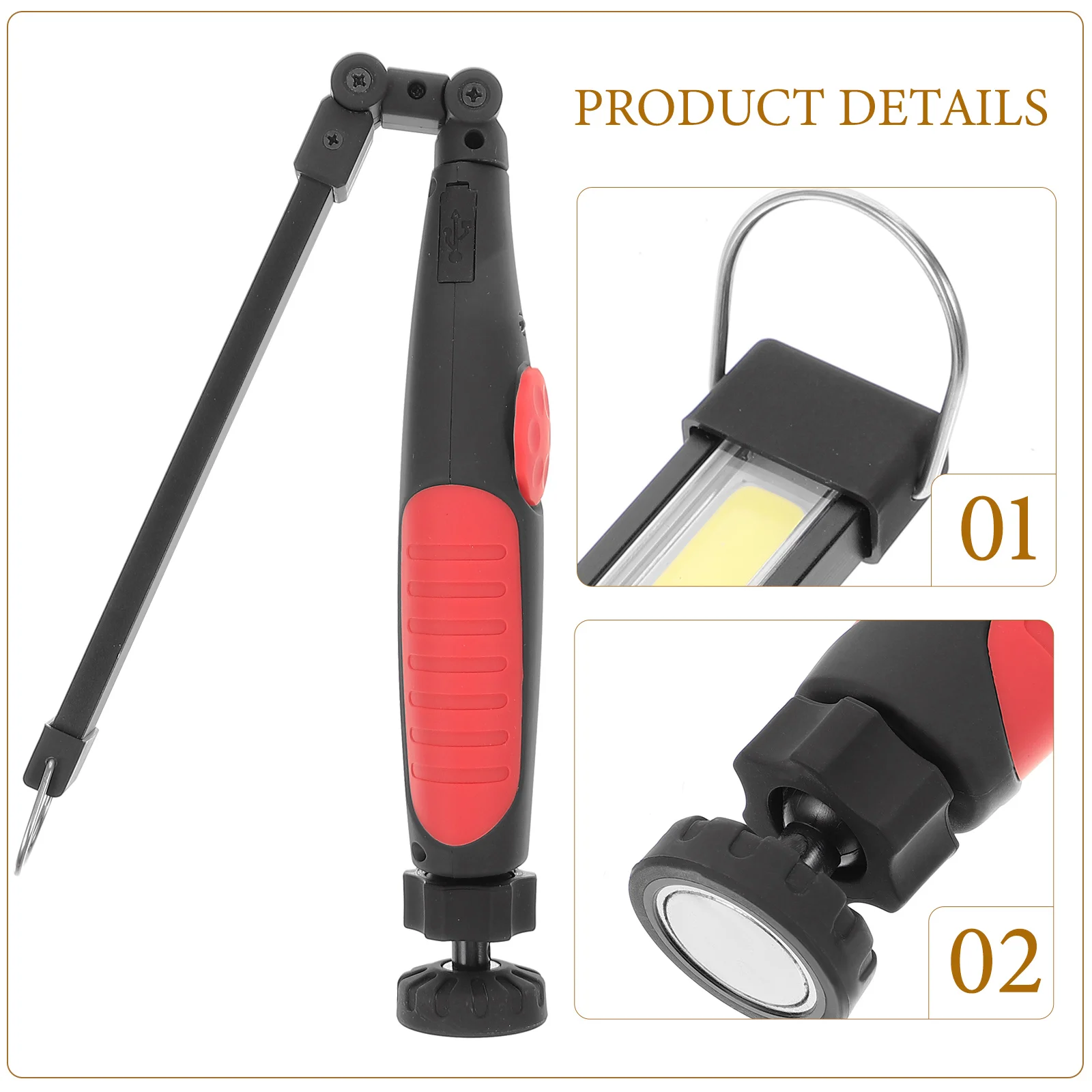 Rechargeable Cob Work Light Portable Handheld Inspection Flashlight 360° Adjustable Bracket Brightness Control Non-Slip Grip For