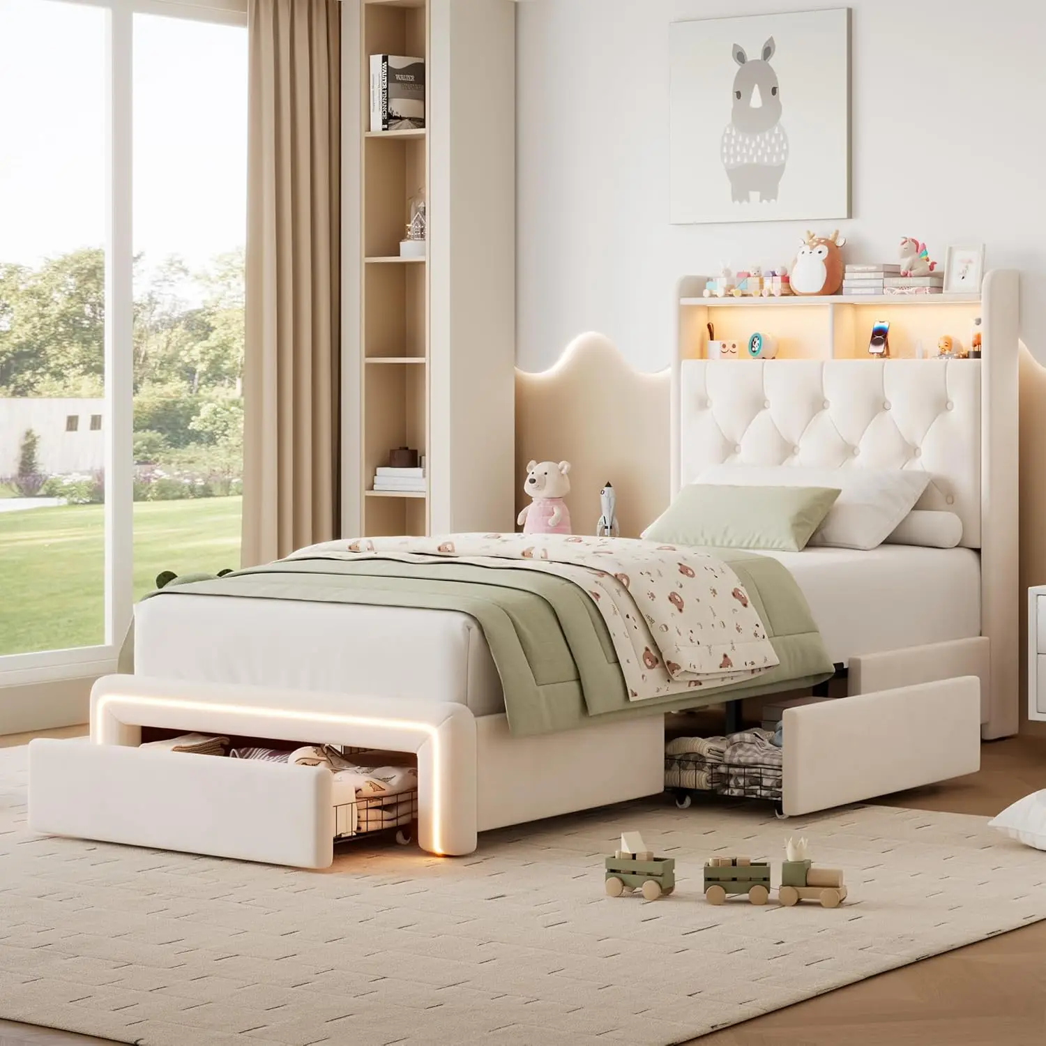 Twin LED Bed Frame with Storage Headboard & Charging Station, Velvet Fabric Platform Bed Frames with 3 Drawers,, Customized
Twin LED Bed Frame with Storage Headboard & Charging Station, Velvet Fabric Platform Bed Frames with 3 Drawers,, Customized