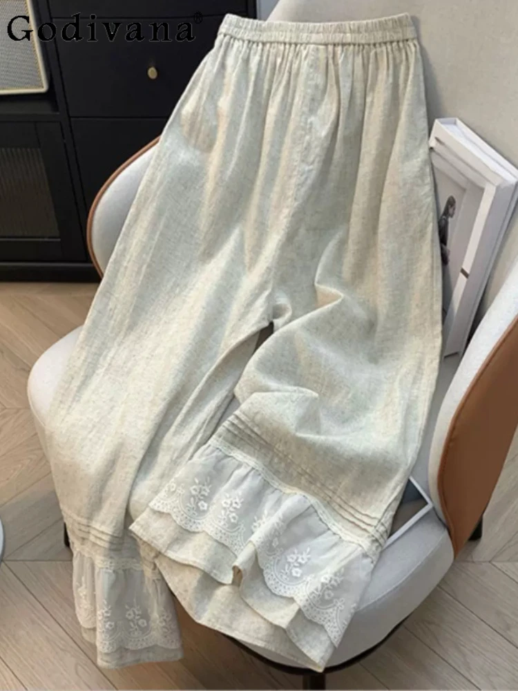Spring Summer Japanese Retro Women Loose Splicing Lace Wide-leg Pantses Fashion Age-reducing Elegant Elastic Waist Leisure Pants
Spring Summer Japanese Retro Women Loose Splicing Lace Wide-leg Pantses Fashion Age-reducing Elegant Elastic Waist Leisure Pants