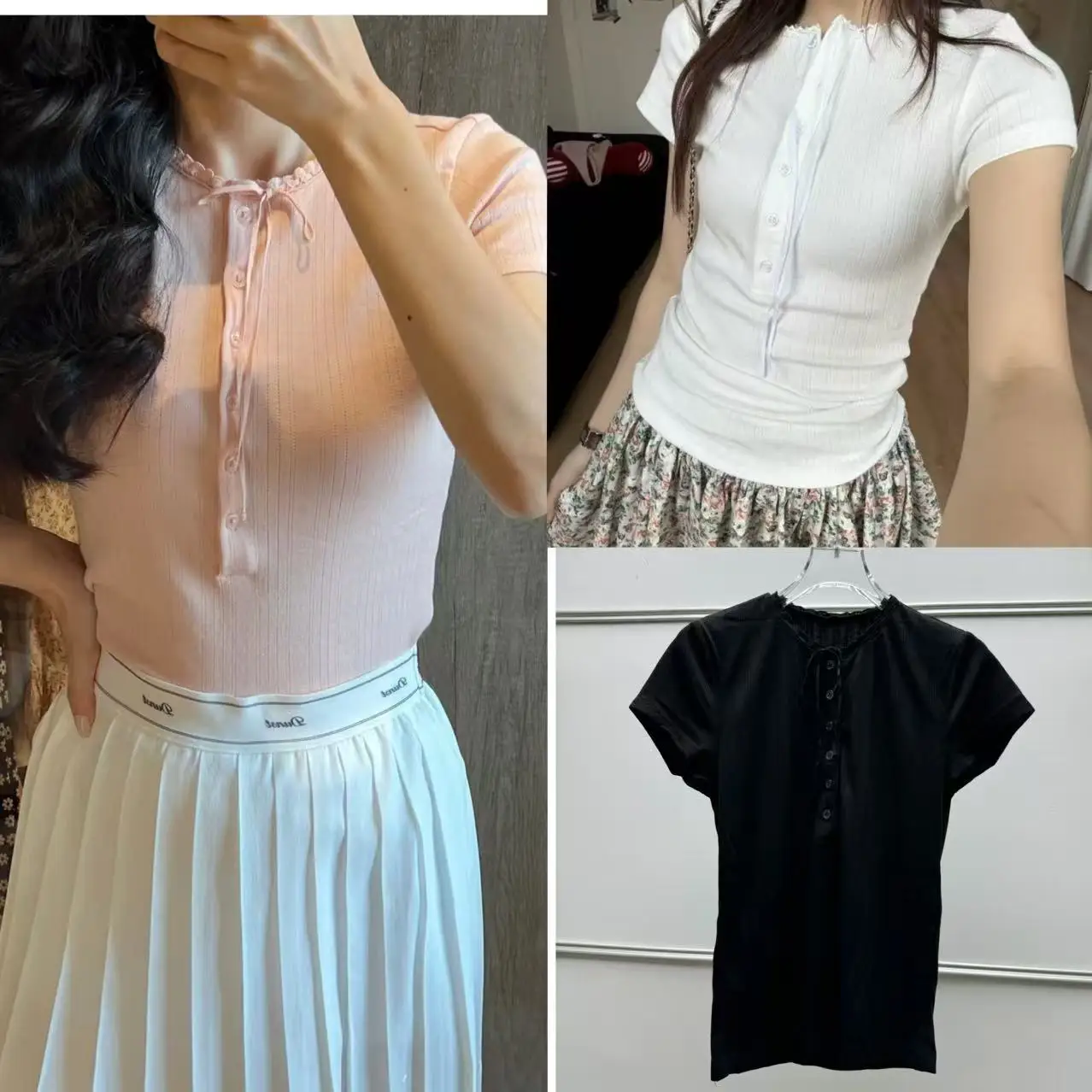 Ele Lace Trim round Ne ort Sve Knitted Slim Fit T-irt with ell Buttons Summer New Sle American Sle Women's...
Ele Lace Trim round Ne ort Sve Knitted Slim Fit T-irt with ell Buttons Summer New Sle American Sle Women's...