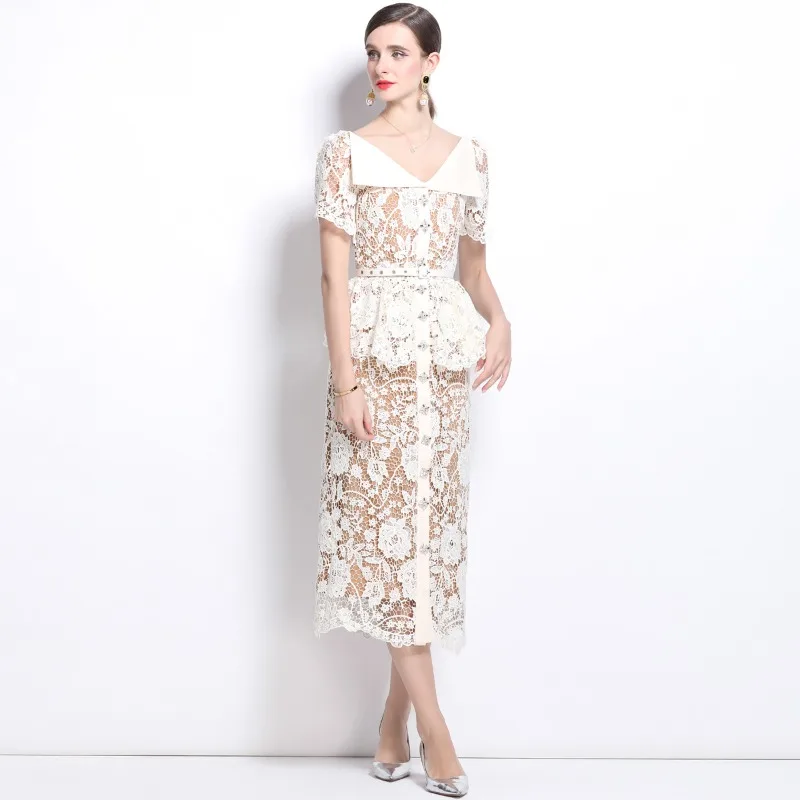 2026 European-style Lace Hollow Party Maxi Dresses Women Summer Short-sleeves Turndown-collar Diamonds Sheath Dress Slim Dresses
2026 European-style Lace Hollow Party Maxi Dresses Women Summer Short-sleeves Turndown-collar Diamonds Sheath Dress Slim Dresses
