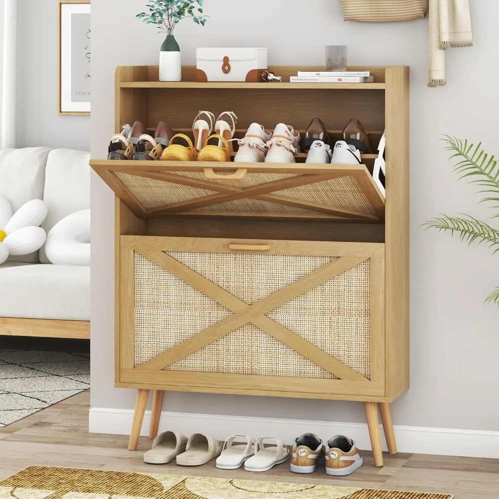 Rattan Shoe Cabinet, Hidden Shoe Storage Cabinet with 2 Flip Drawers, Narrow Wooden Shoe Organizer for Entryway
Rattan Shoe Cabinet, Hidden Shoe Storage Cabinet with 2 Flip Drawers, Narrow Wooden Shoe Organizer for Entryway