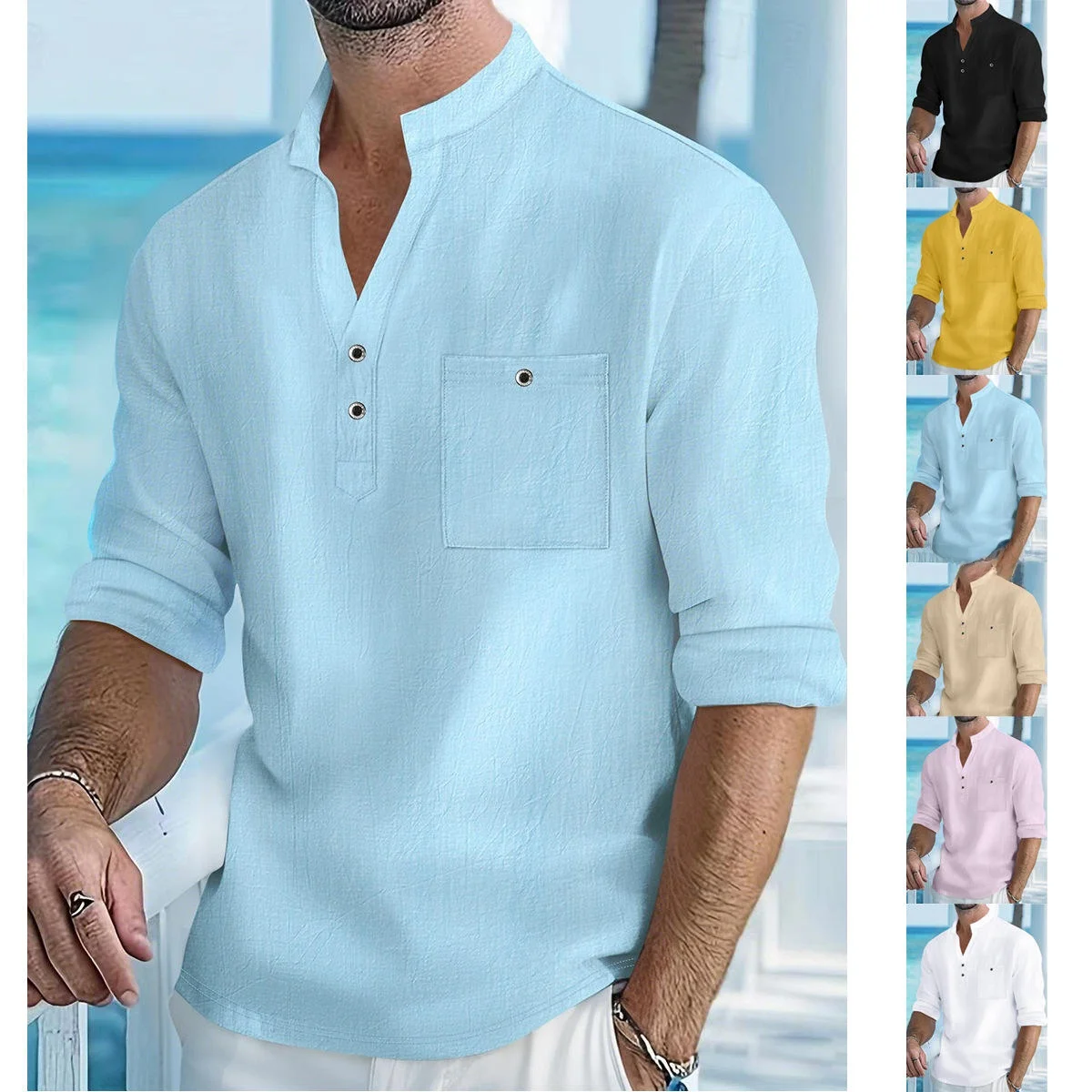 Loose Fit Linen Cotton Shirt Men's Autumn V-Neck Casual Long Sleeve Stand Collar Shirt with Pocket Non-Iron Treatment
Loose Fit Linen Cotton Shirt Men's Autumn V-Neck Casual Long Sleeve Stand Collar Shirt with Pocket Non-Iron Treatment