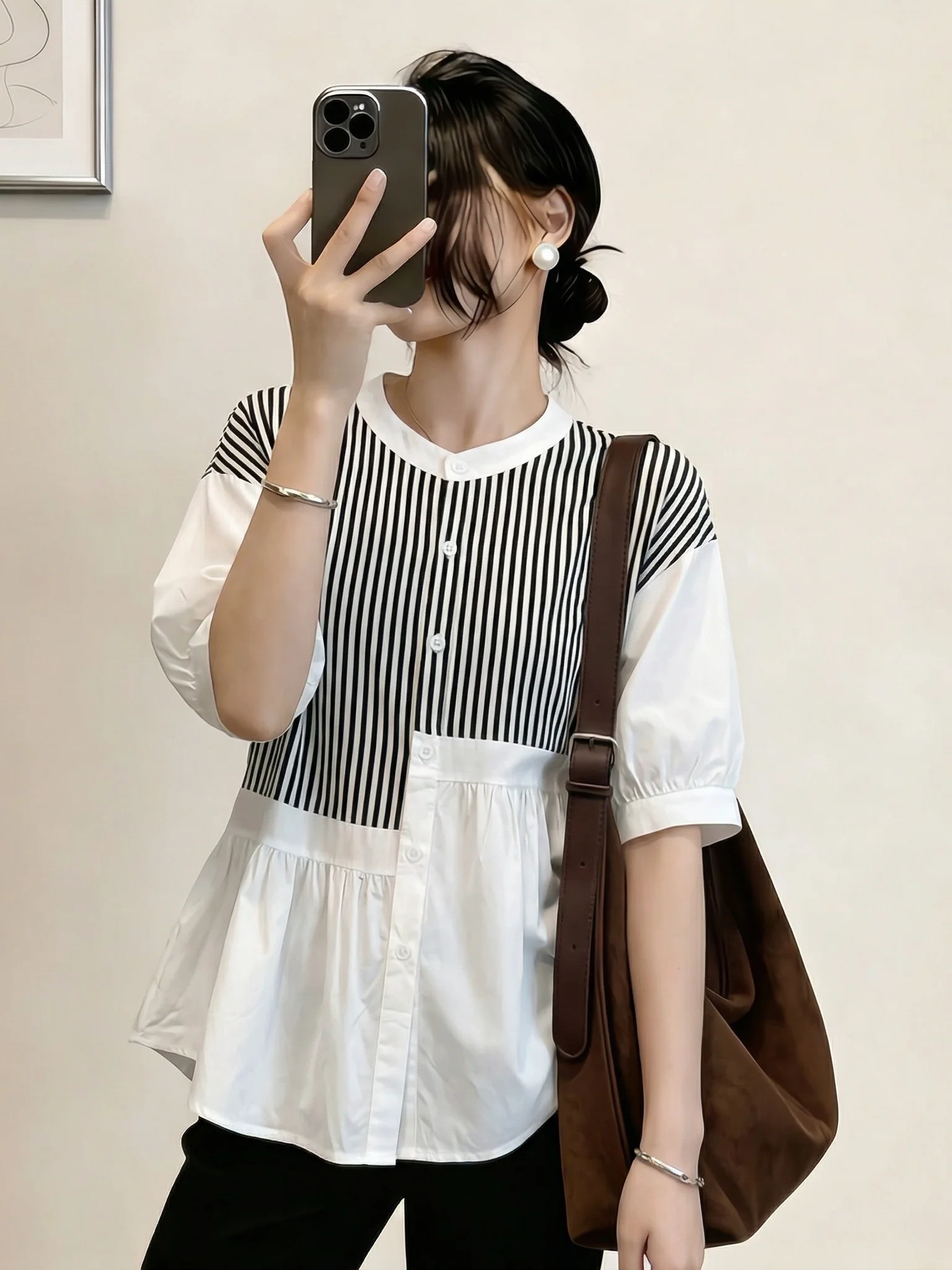 European Style Striped Splice Shoulder Short Sleeve Women's Shirt Spring Summer New Loose Belly Covering Top plus Size
European Style Striped Splice Shoulder Short Sleeve Women's Shirt Spring Summer New Loose Belly Covering Top plus Size