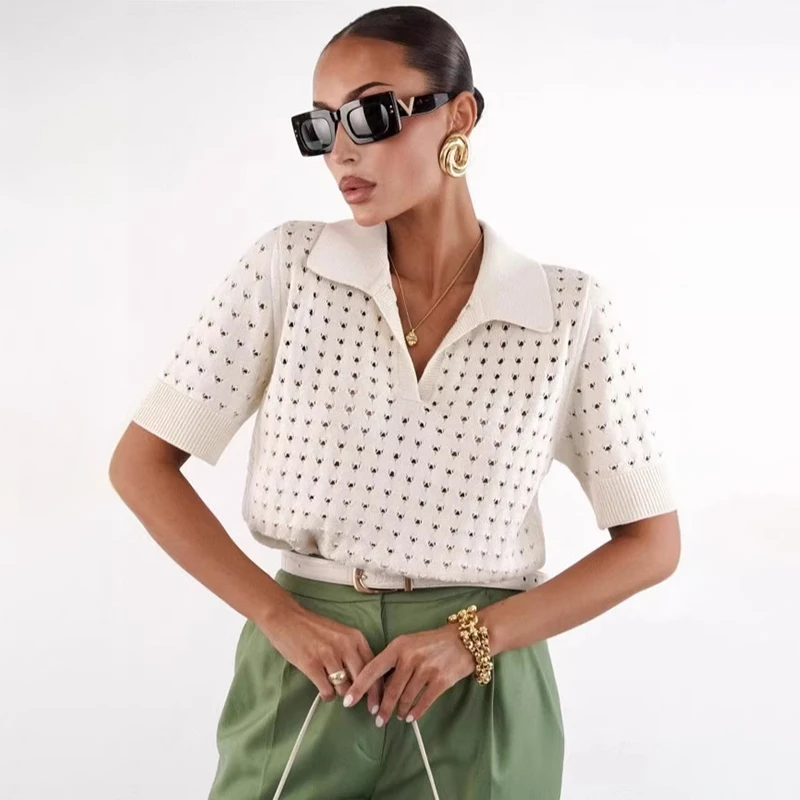 Typhaland Hollow Knitted T Shirt for Women Lapel Short Sleeve Casual Sweater Top Summer Fashion Sexy Solid T Shirt Loose Female
Typhaland Hollow Knitted T Shirt for Women Lapel Short Sleeve Casual Sweater Top Summer Fashion Sexy Solid T Shirt Loose Female