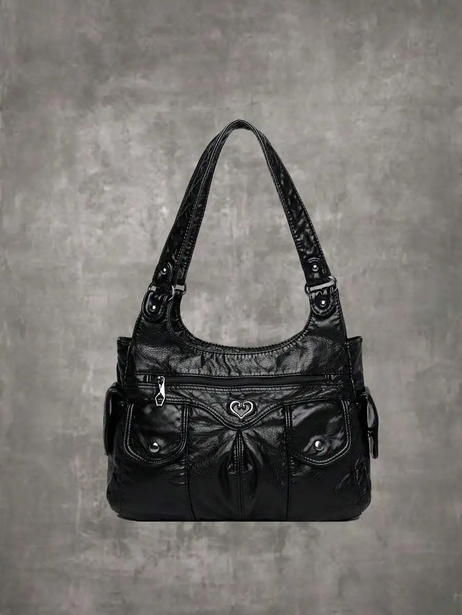 Black Distressed PU Leather Shoulder Bag with Heart Clasp, Large Capacity Casual Tote for Women
Black Distressed PU Leather Shoulder Bag with Heart Clasp, Large Capacity Casual Tote for Women