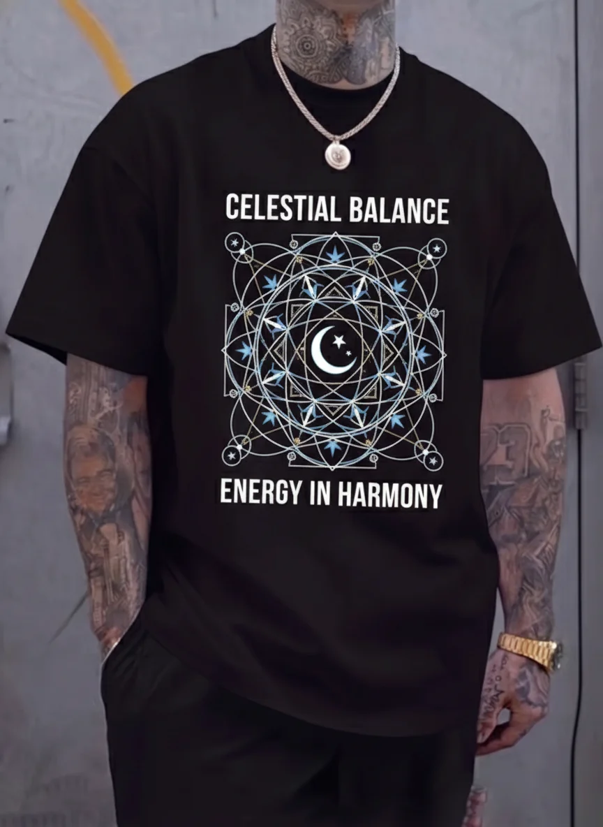 Celestial Balance Moon Mandala Graphic Tee Black Printed Tee Crescent Star Geometric Sacred Geometry Design Blue White Accents
Celestial Balance Moon Mandala Graphic Tee Black Printed Tee Crescent Star Geometric Sacred Geometry Design Blue White Accents
