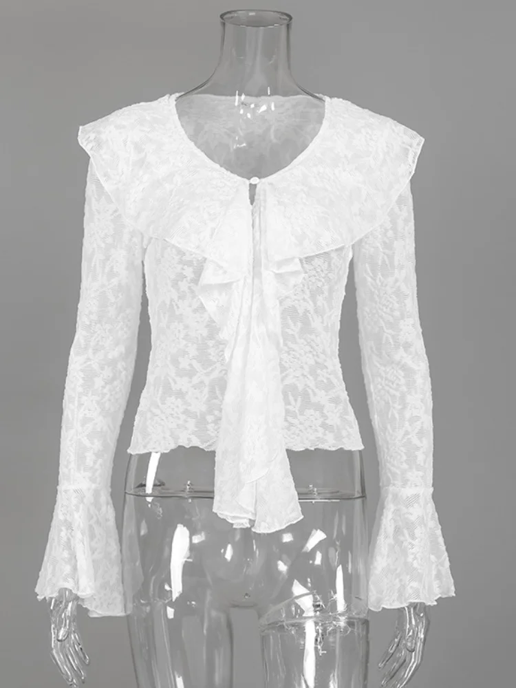 Elegant White Lace Flared Sleeve Shirt Women Full Sleeves Ruffle Collar Slim Cropped Blouse New Lady Spring Commute Tops
Elegant White Lace Flared Sleeve Shirt Women Full Sleeves Ruffle Collar Slim Cropped Blouse New Lady Spring Commute Tops