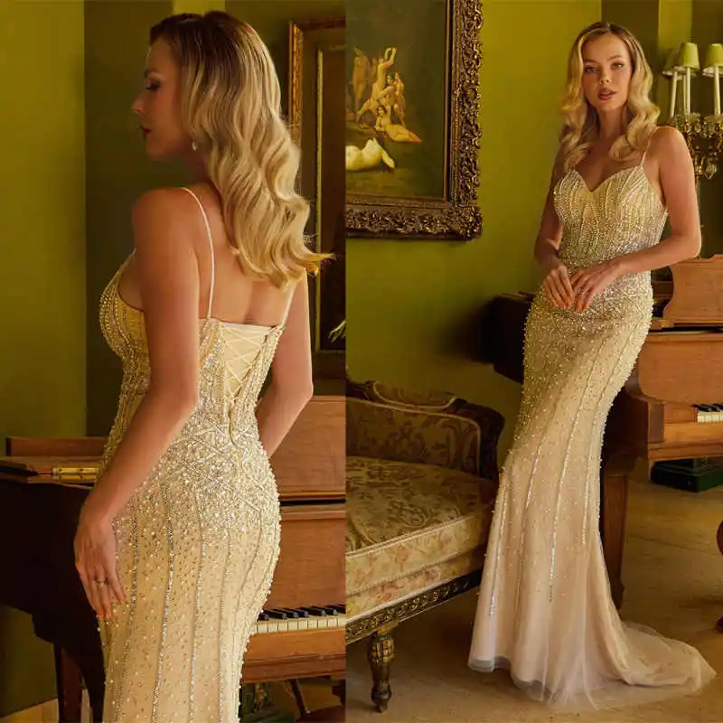 Luxury Evening Dresses Mermaid Spaghetti Strap Crystals Beading Backless Prom Gowns Party Dresses Customized Robe De Soirée
Luxury Evening Dresses Mermaid Spaghetti Strap Crystals Beading Backless Prom Gowns Party Dresses Customized Robe De Soirée