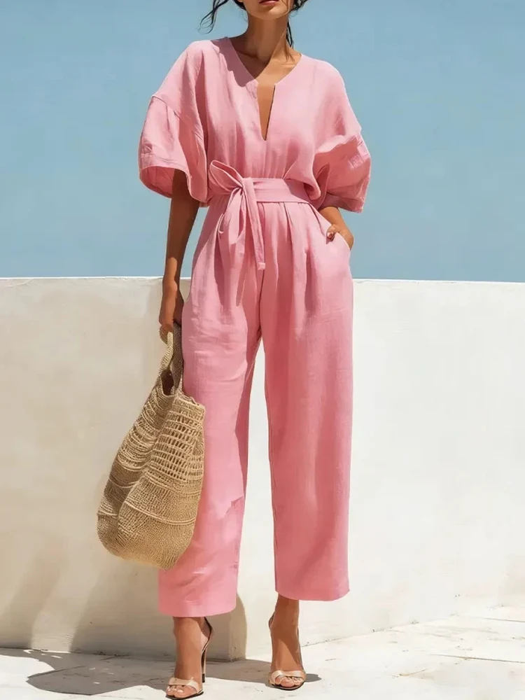 Women Trendy Lace-Up Waist Cotton Linen Playsuit Sexy V-neck Multiple Color Long Romper Half Sleeve Pocket Pure Causal Jumpsuit
Women Trendy Lace-Up Waist Cotton Linen Playsuit Sexy V-neck Multiple Color Long Romper Half Sleeve Pocket Pure Causal Jumpsuit