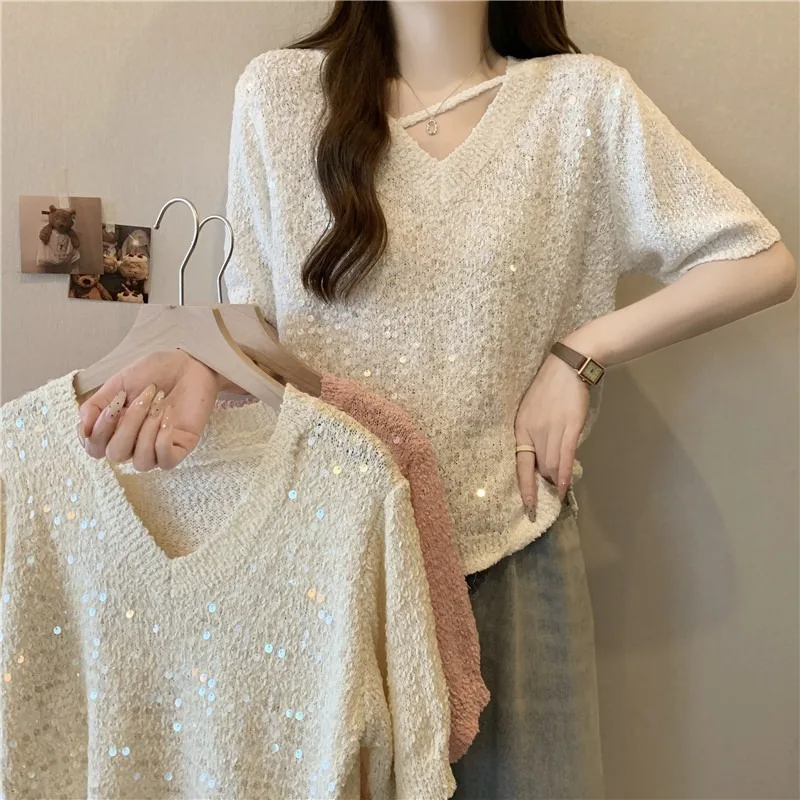 Sequin Short Sleeved Knit Top Summer Women's Top Cropped Sweaters Plus Size Tops Korean Style Clothes Thin Short Sleeved Top
Sequin Short Sleeved Knit Top Summer Women's Top Cropped Sweaters Plus Size Tops Korean Style Clothes Thin Short Sleeved Top
