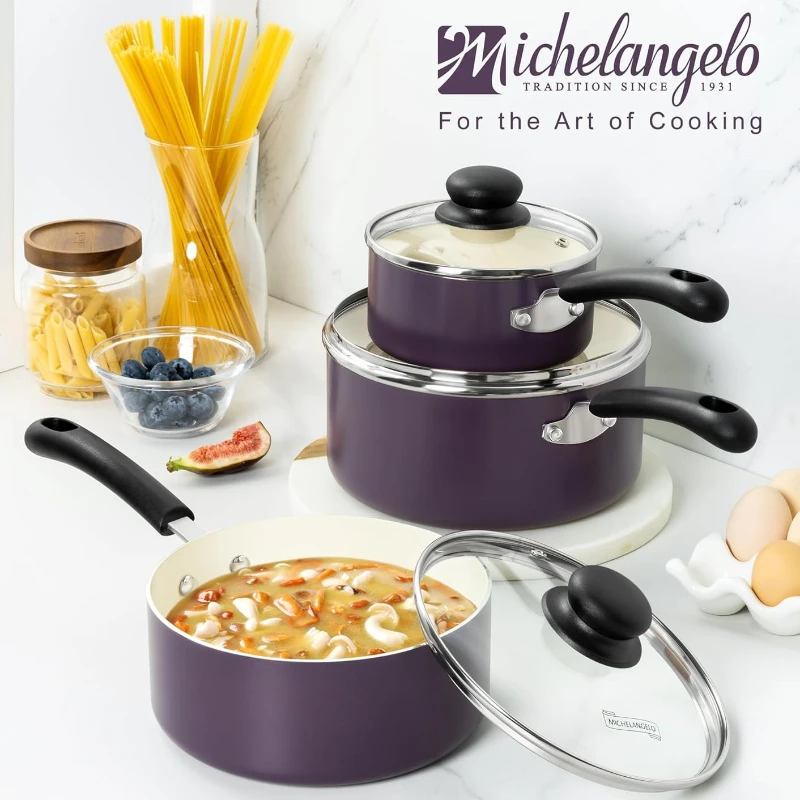MICHELANGELO Набор кастрюль для соуса с антипригарным покрытием и крышкой, небольшой набор кастрюль с керамическим покрытием и ручкой, индукционные кастрюли для приготовления пищи
MICHELANGELO Набор кастрюль для соуса с антипригарным покрытием и крышкой, небольшой набор кастрюль с керамическим покрытием и ручкой, индукционные кастрюли для приготовления пищи