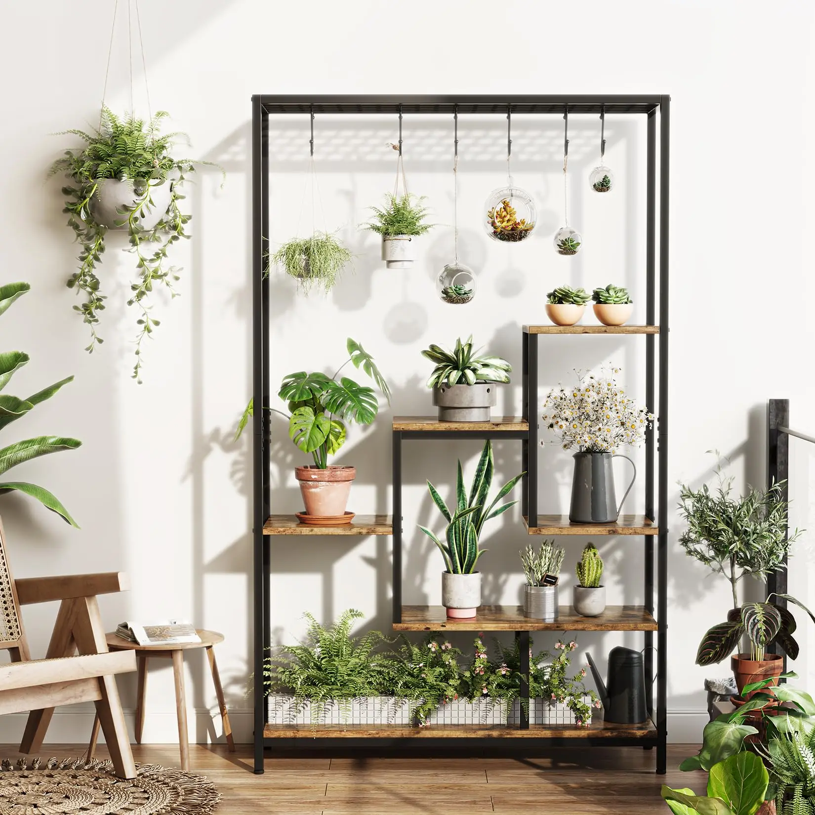 Indoor Plant Stand 5-Tier Tall 70.9",Large Metal Plant Shelf with Hanging Hooks,Multi-Purpose Display Rack,Brown
Indoor Plant Stand 5-Tier Tall 70.9",Large Metal Plant Shelf with Hanging Hooks,Multi-Purpose Display Rack,Brown