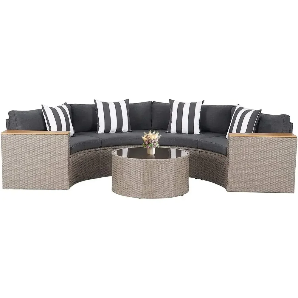 5-Piece Outdoor Sectional Patio Furniture Set with Grey Wicker, Round Glass Table, and Cushions
5-Piece Outdoor Sectional Patio Furniture Set with Grey Wicker, Round Glass Table, and Cushions