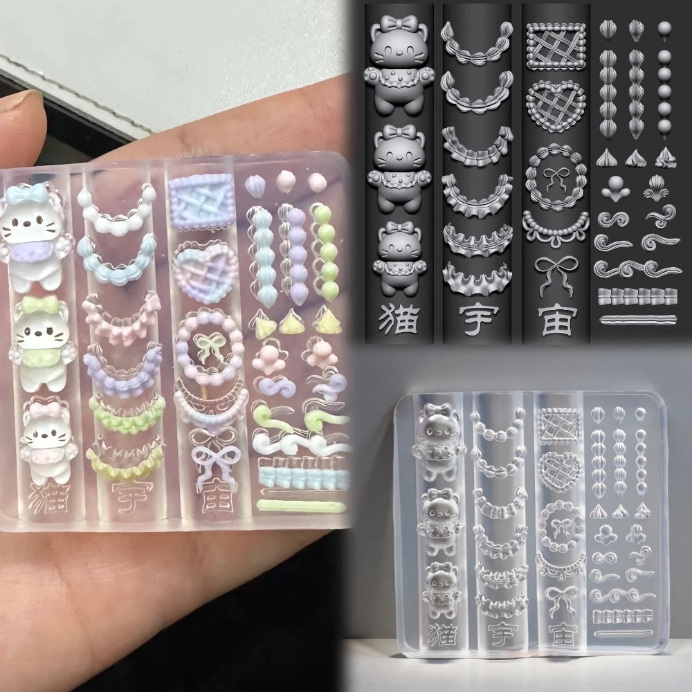 Kawaii Cartoon Cat Silicone Nail Art Template Mold Lovely Cream Lace Skirt Edge Bowknot Nail Art Carving Mold Decorations
Kawaii Cartoon Cat Silicone Nail Art Template Mold Lovely Cream Lace Skirt Edge Bowknot Nail Art Carving Mold Decorations