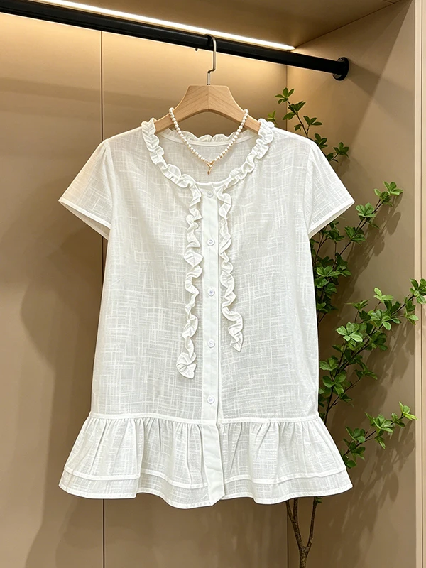 Loose Women's Summer Shirt Short Sleeve Wooden Ear Feminine Style Belly Covering Top Breathable Comfortable Korean Version
Loose Women's Summer Shirt Short Sleeve Wooden Ear Feminine Style Belly Covering Top Breathable Comfortable Korean Version