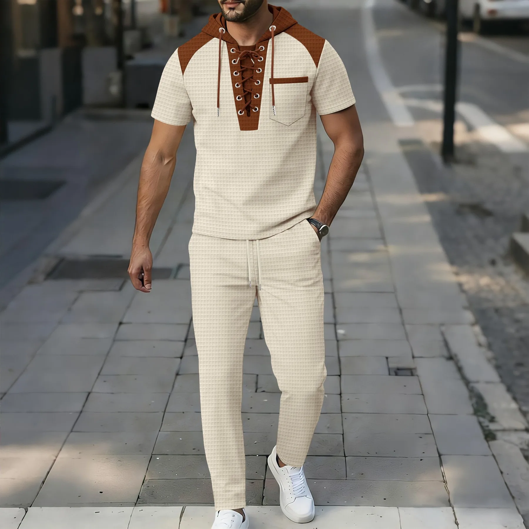 Men's Casual Check Pattern Suit 2026 Short Sleeve Hooded Sweatshirt Color-Contrasting Laced Pants Set
Men's Casual Check Pattern Suit 2026 Short Sleeve Hooded Sweatshirt Color-Contrasting Laced Pants Set