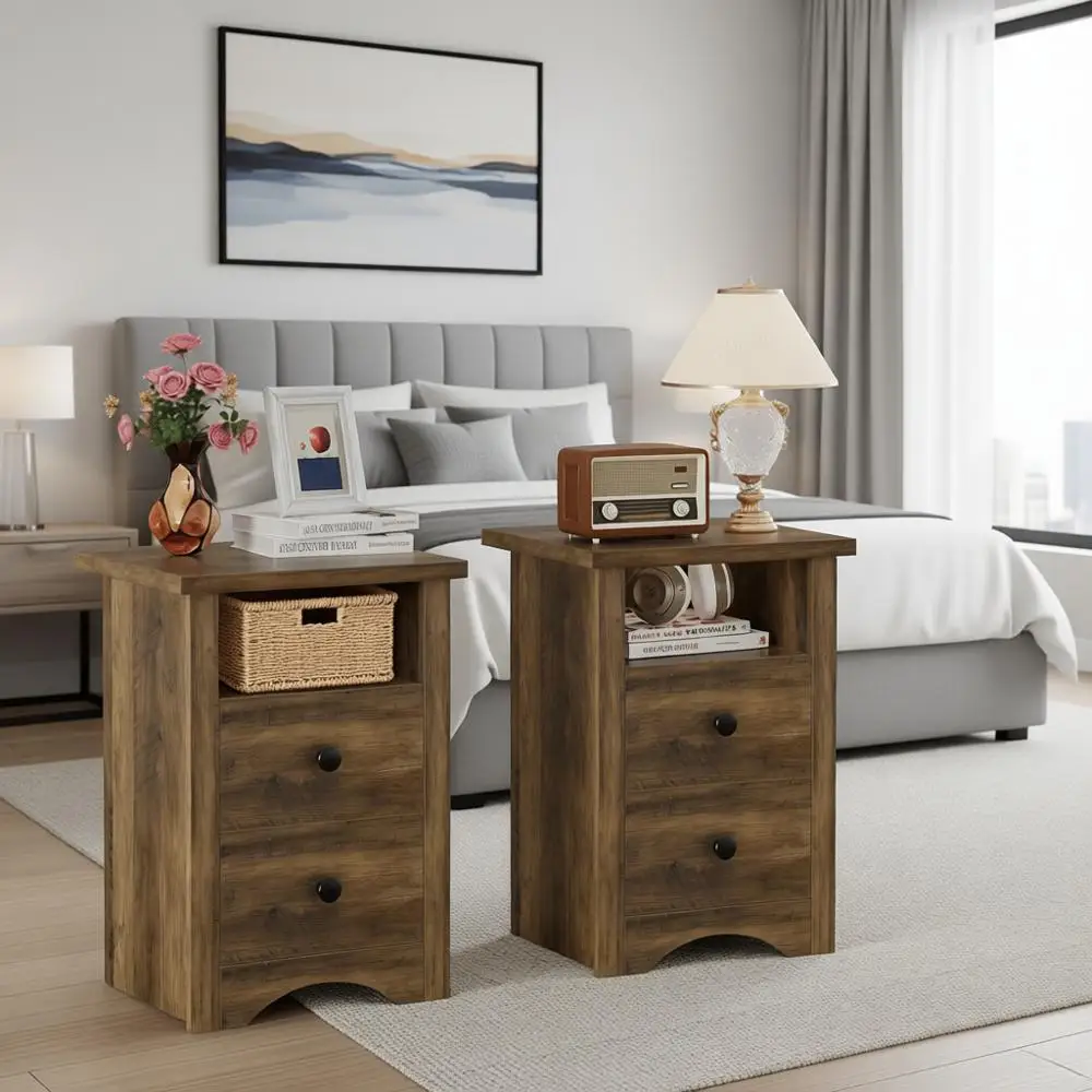 Rustic Brown 2-Drawer Nightstand Set for Small Bedroom Spaces with Open Shelf
Rustic Brown 2-Drawer Nightstand Set for Small Bedroom Spaces with Open Shelf
