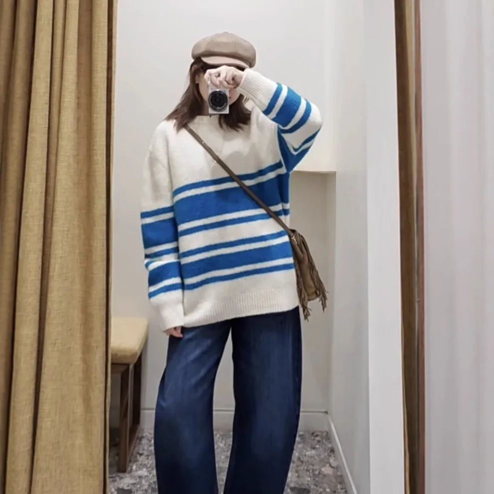 Fall/Winter Women O-Neck Striped Long Sleeve Contrast Color Knit Pullover Loose Casual Fashion Warm Sweater
Fall/Winter Women O-Neck Striped Long Sleeve Contrast Color Knit Pullover Loose Casual Fashion Warm Sweater