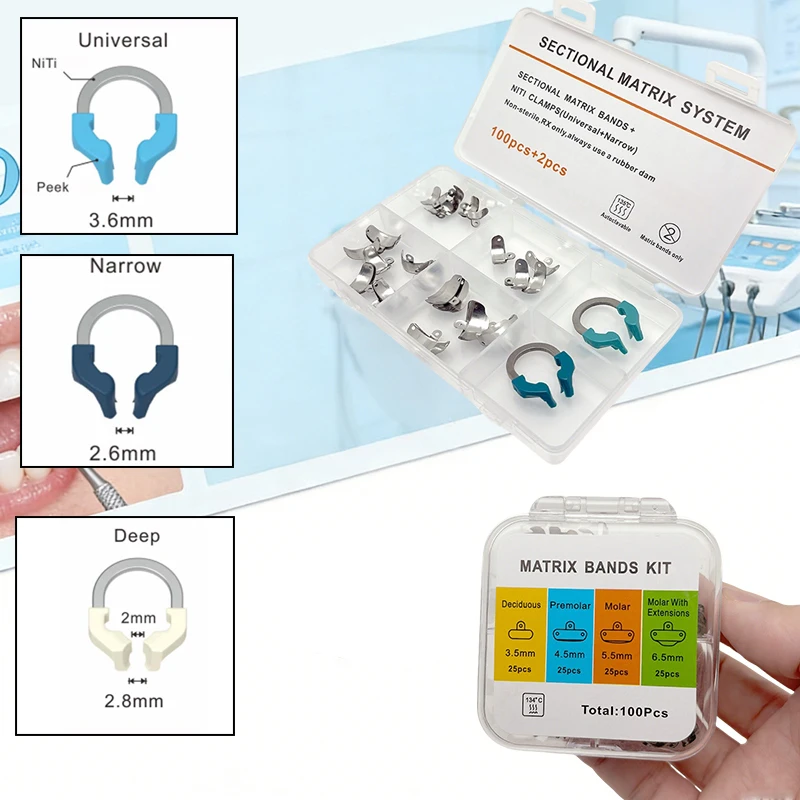 102PCS Dental Matrix System Contoured Metal Bands Nickel Titanium Ring Clamp Matrix Holder Sectional Kit Dentist Tools
102PCS Dental Matrix System Contoured Metal Bands Nickel Titanium Ring Clamp Matrix Holder Sectional Kit Dentist Tools