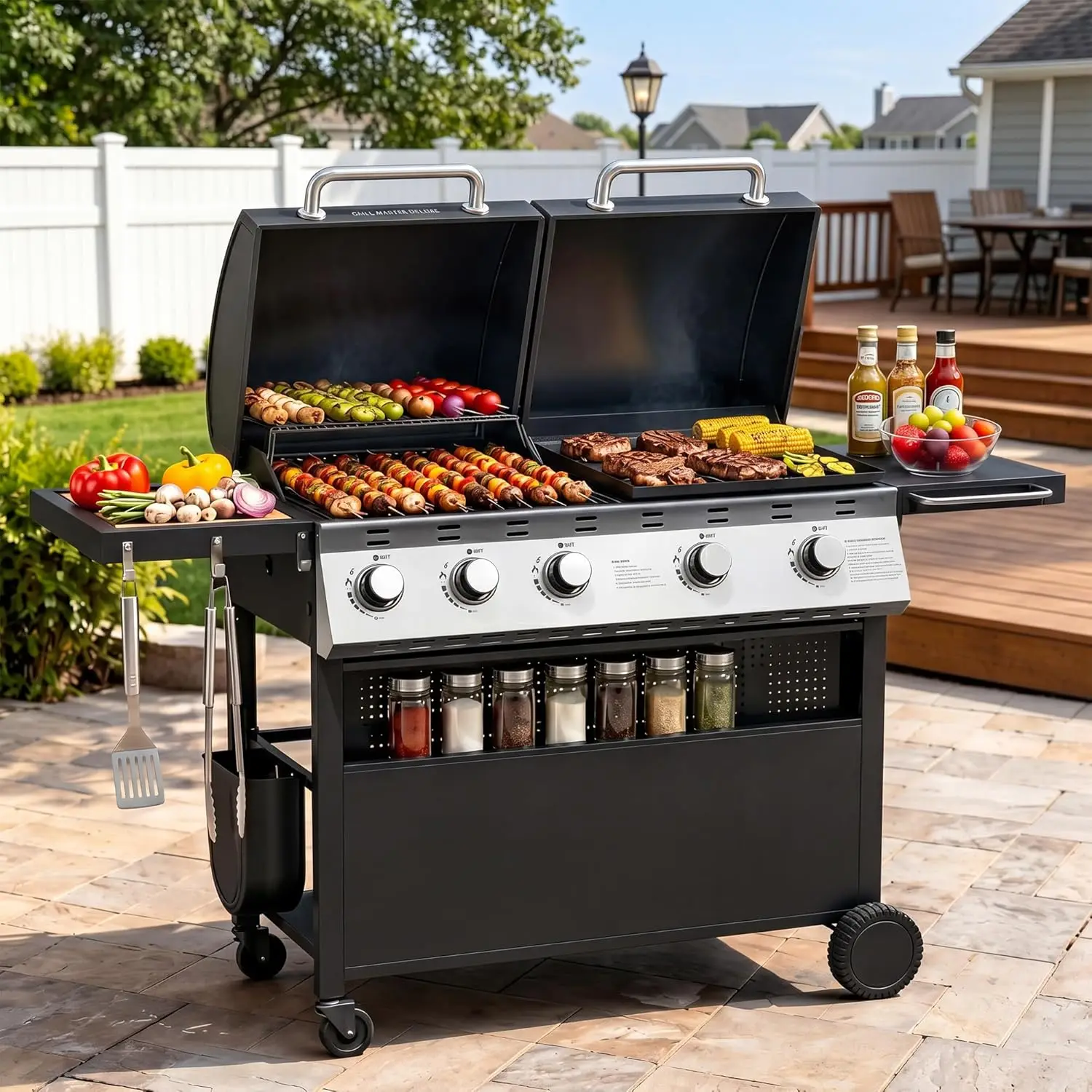 3-in-1 Outdoor Cooking Station with 4 Propane Gas Burners: BBQ Grill, Griddle, and Stove Combo, Porcelain-Enameled Cast Iron Grates and Flat Top Plate, 52,000 BTU for Camping, Patio, and Backyard
3-in-1 Outdoor Cooking Station with 4 Propane Gas Burners: BBQ Grill, Griddle, and Stove Combo, Porcelain-Enameled Cast Iron Grates and Flat Top Plate, 52,000 BTU for Camping, Patio, and Backyard