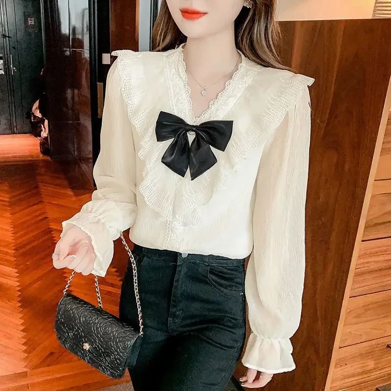 Summer Korean Ruffles Lace V-neck Bow Chic Sweet Chiffon Blouse Elegant Puff Long Sleeve Casual Loose Pullover Shirt Tops Women
Summer Korean Ruffles Lace V-neck Bow Chic Sweet Chiffon Blouse Elegant Puff Long Sleeve Casual Loose Pullover Shirt Tops Women