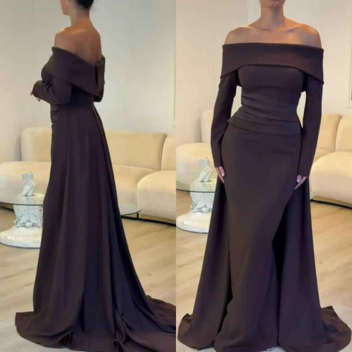 Elegant Off Shoulder Brown Prom Dresses Long Sleeve Ruched Bodycon Evening Gown Dubai Luxury Wedding Party Dresses Customized
Elegant Off Shoulder Brown Prom Dresses Long Sleeve Ruched Bodycon Evening Gown Dubai Luxury Wedding Party Dresses Customized