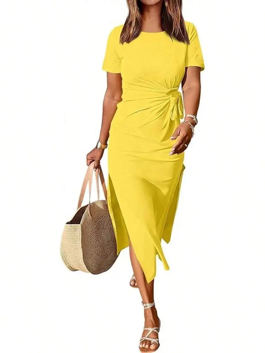 Womens Yellow Short Sleeve Maxi Dress With Tie Waist And Slit Casual Summer Beach Dress
Womens Yellow Short Sleeve Maxi Dress With Tie Waist And Slit Casual Summer Beach Dress