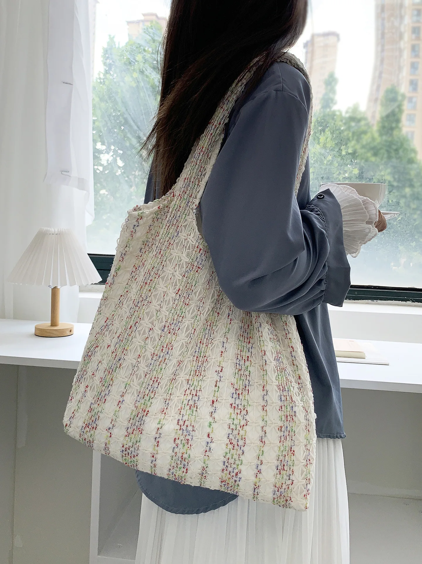 Neon Color Knitted Canvas Tote Bag for Women, Large Capacity Casual Shoulder Bag Fashion Commute School Bag for College Students Neon Color Knitted Canvas Tote Bag for Women, Large Capacity Casual Shoulder Bag Fashion Commute School Bag for College Students