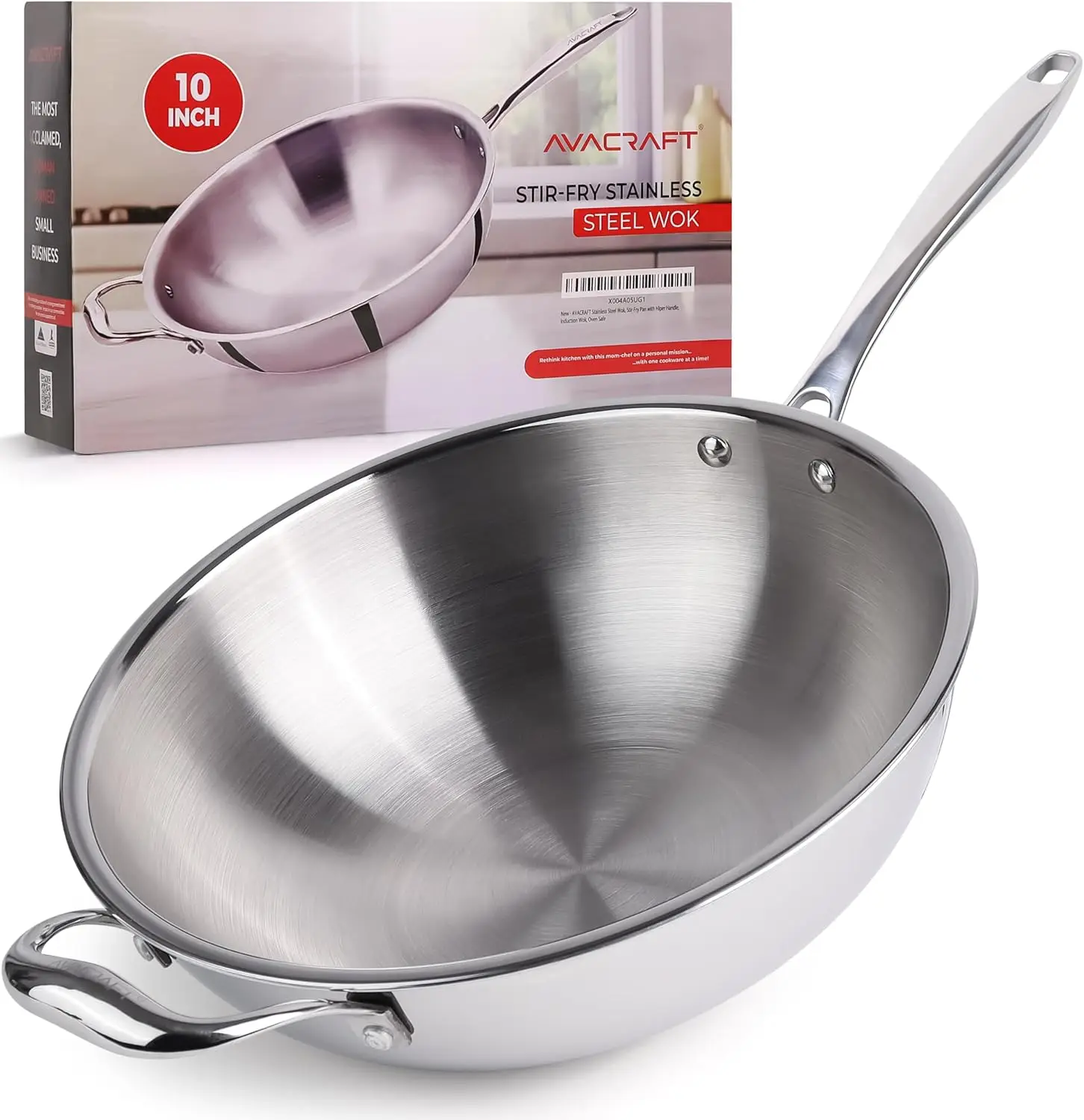 Tri-Ply Stainless Steel Wok, 10 Inch Stir-Fry Pan with Helper Handle, Flat Bottom, Induction Compatible, Oven Safe
Tri-Ply Stainless Steel Wok, 10 Inch Stir-Fry Pan with Helper Handle, Flat Bottom, Induction Compatible, Oven Safe