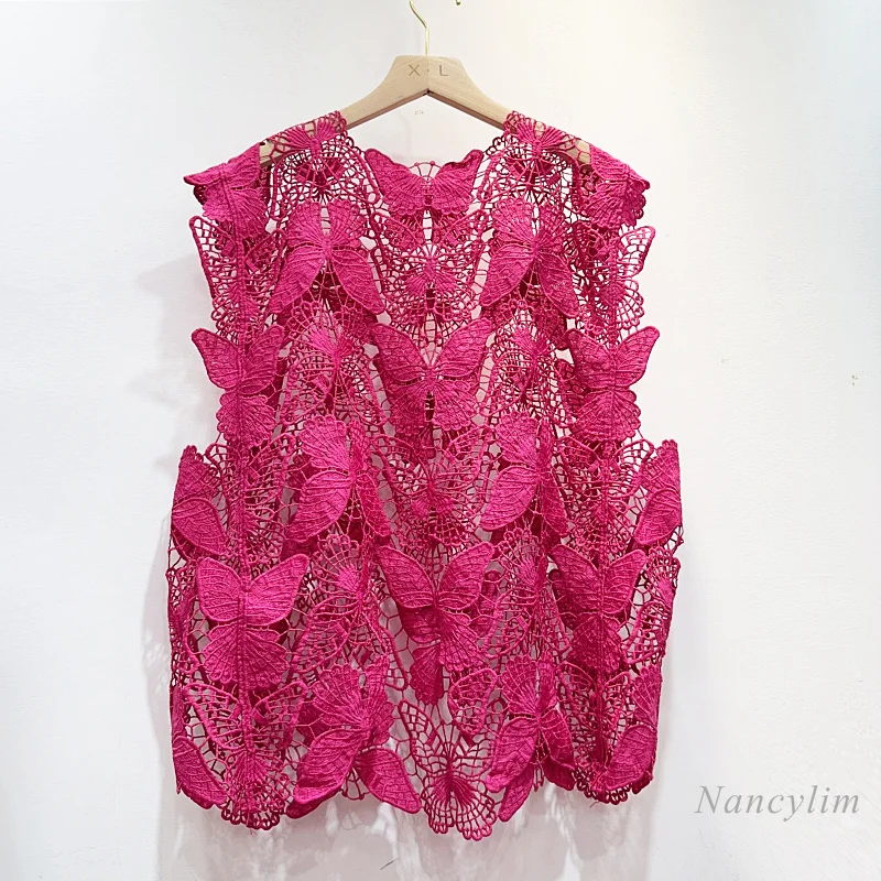 Women's Sleeveless Vest Lace Short Butterfly Embroidered Hollow-out Outer Wear 2024 Summer New Female Top 
Women's Sleeveless Vest Lace Short Butterfly Embroidered Hollow-out Outer Wear 2024 Summer New Female Top