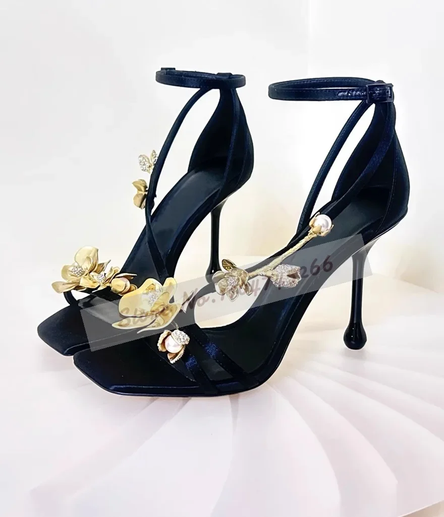 Black White Satin Fabric Golden Flowers Sandals Square Toe Metallic Floral Blossom Dress Shoes Glitter Crystal Pearl Footwear
Black White Satin Fabric Golden Flowers Sandals Square Toe Metallic Floral Blossom Dress Shoes Glitter Crystal Pearl Footwear