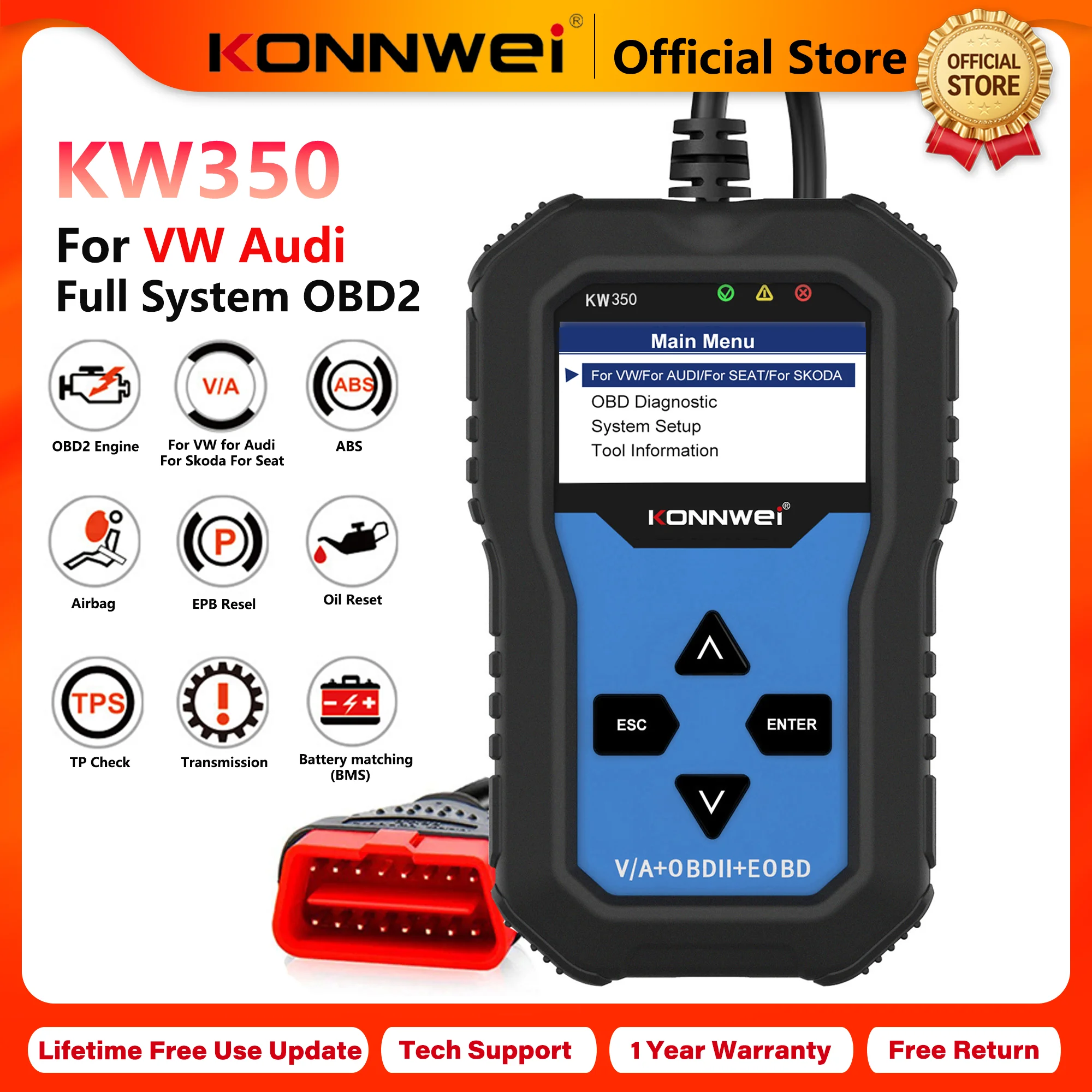 2026 KONNWEI KW350 Full Systems OBD2 Car Diagnostic Tool for VW Audi ABS Airbag Oil Reset Light EPB SAS TPMS Service Functions
2026 KONNWEI KW350 Full Systems OBD2 Car Diagnostic Tool for VW Audi ABS Airbag Oil Reset Light EPB SAS TPMS Service Functions