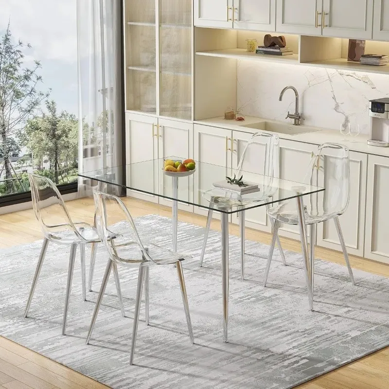 Modern Rectangle Dining Set for 4, Includes Tempered Glass Table with Plated Legs & Transparent Chairs
Modern Rectangle Dining Set for 4, Includes Tempered Glass Table with Plated Legs & Transparent Chairs