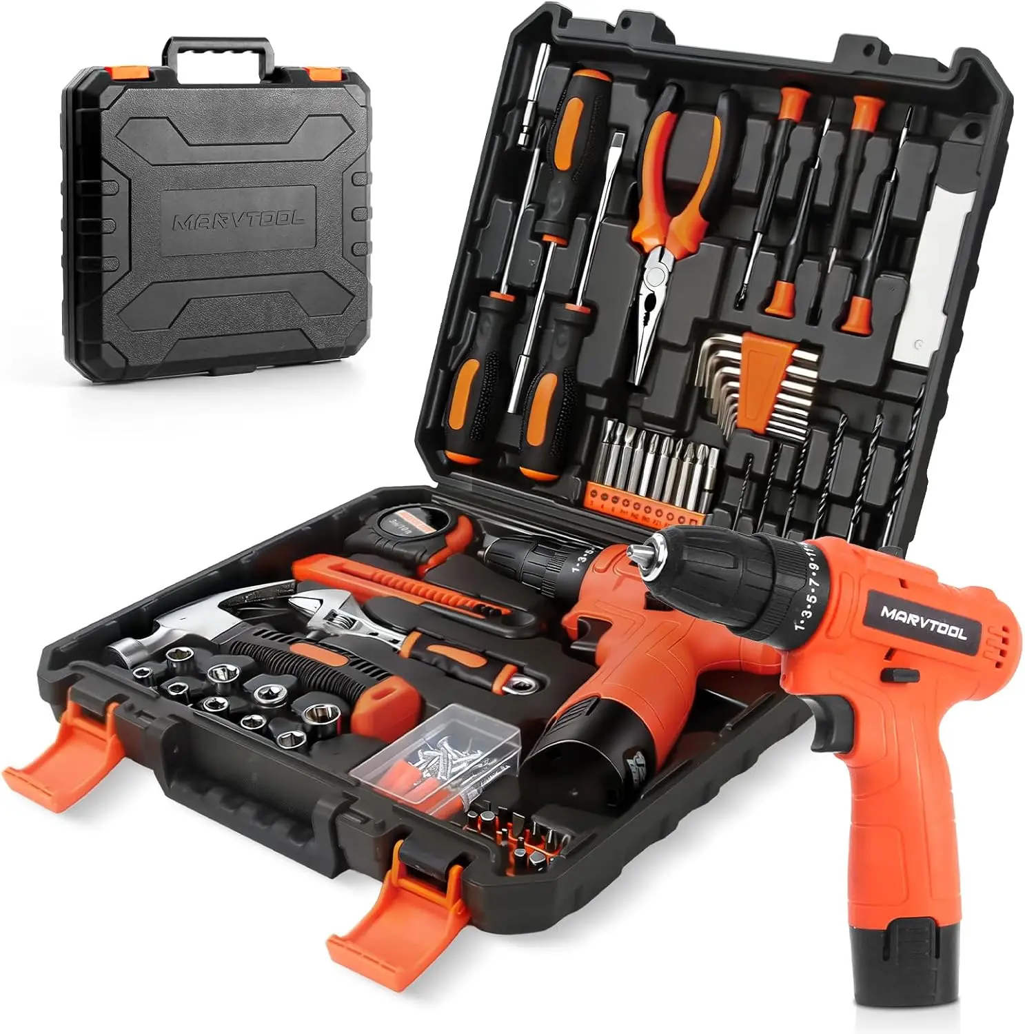 152-Piece Mechanic Tool Set with 12V Cordless Drill, Portable Tool Box for Home Repair, Handyman, Women, Men
152-Piece Mechanic Tool Set with 12V Cordless Drill, Portable Tool Box for Home Repair, Handyman, Women, Men