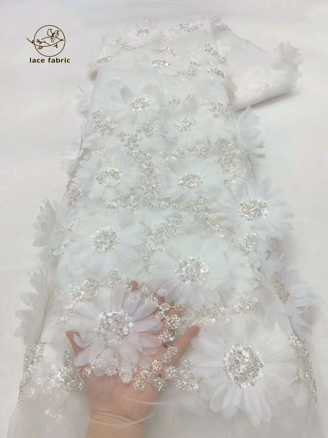 White 3D Lace Flowers Latest African Sequins Lace Styles French Party Lace Fabrics Tulle Nigerian Groom Lace Fabrics For Bridal
White 3D Lace Flowers Latest African Sequins Lace Styles French Party Lace Fabrics Tulle Nigerian Groom Lace Fabrics For Bridal