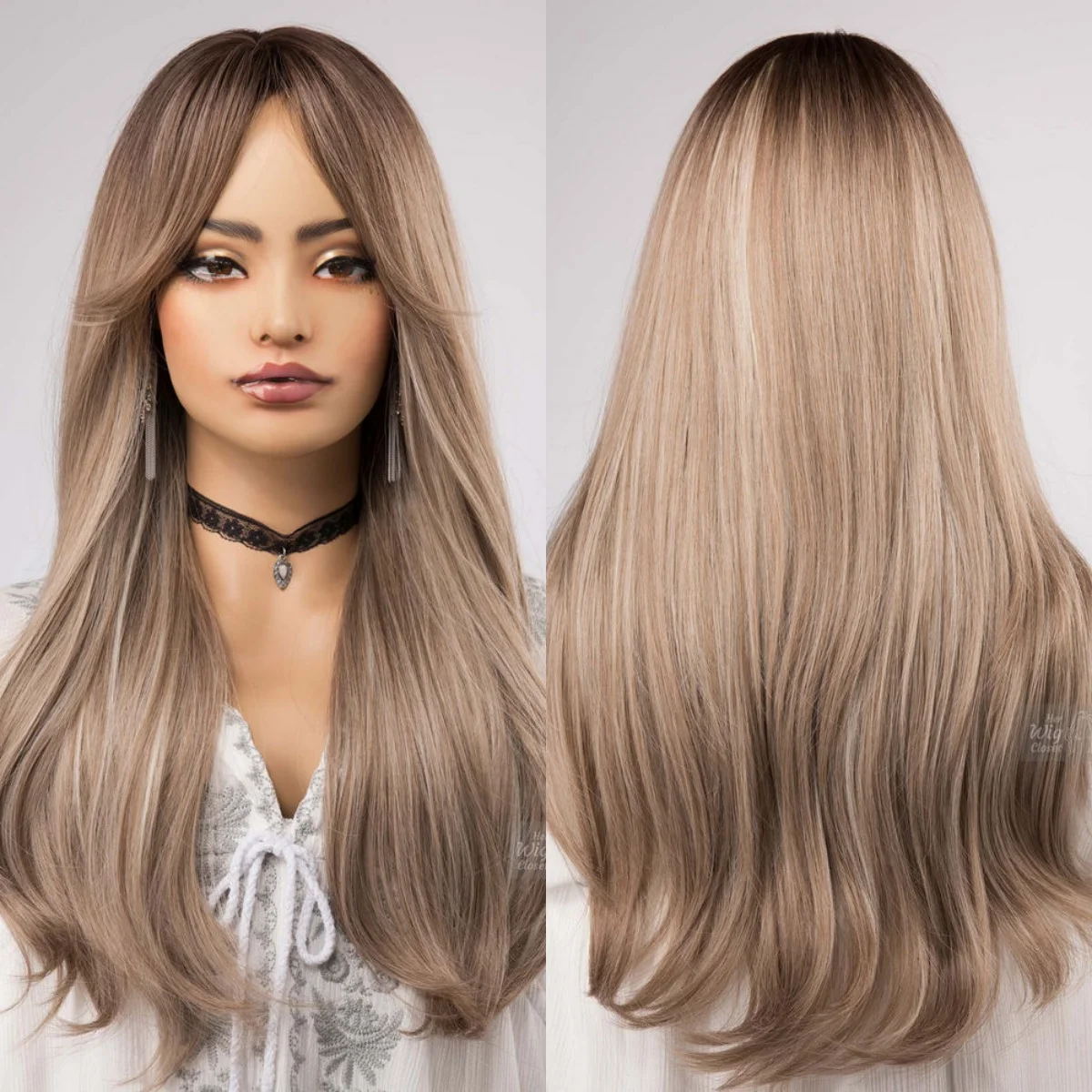 Premium Fiber Synthetic Wig Ombre Blonde Dark Roots Lace Front Wigs With Bangs Glueless Wig Natural Wave Preplucked Hairline 26"
Premium Fiber Synthetic Wig Ombre Blonde Dark Roots Lace Front Wigs With Bangs Glueless Wig Natural Wave Preplucked Hairline 26"