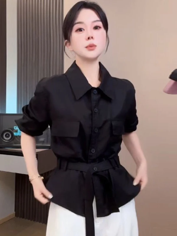 Elegant Slimming Long Sleeve Shirt Women's Fashionable Pure Color Simple Commute Button up Shirt Tie Waist Stand Collar Top
Elegant Slimming Long Sleeve Shirt Women's Fashionable Pure Color Simple Commute Button up Shirt Tie Waist Stand Collar Top
