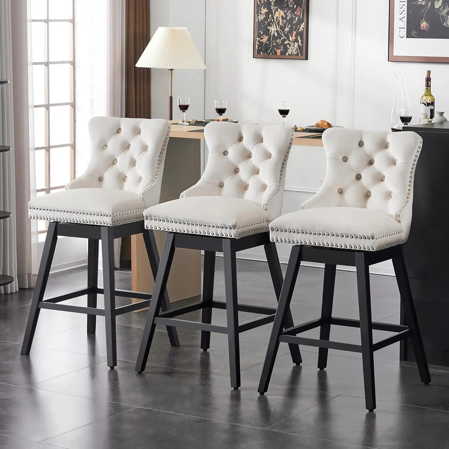 360 Swivel Bar Stools Set 3 Velvet Upholstered Counter Height with Back Solid Wood Leg 30in Seat, Customized
360 Swivel Bar Stools Set 3 Velvet Upholstered Counter Height with Back Solid Wood Leg 30in Seat, Customized
