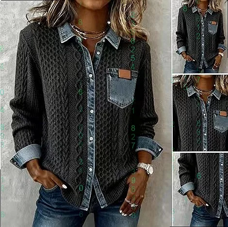 Knitted Denim Patchwork Shirt Blouse Top Women Long Sleeve Cardigan Jacket Spring Summer Overshirt Tee
Knitted Denim Patchwork Shirt Blouse Top Women Long Sleeve Cardigan Jacket Spring Summer Overshirt Tee