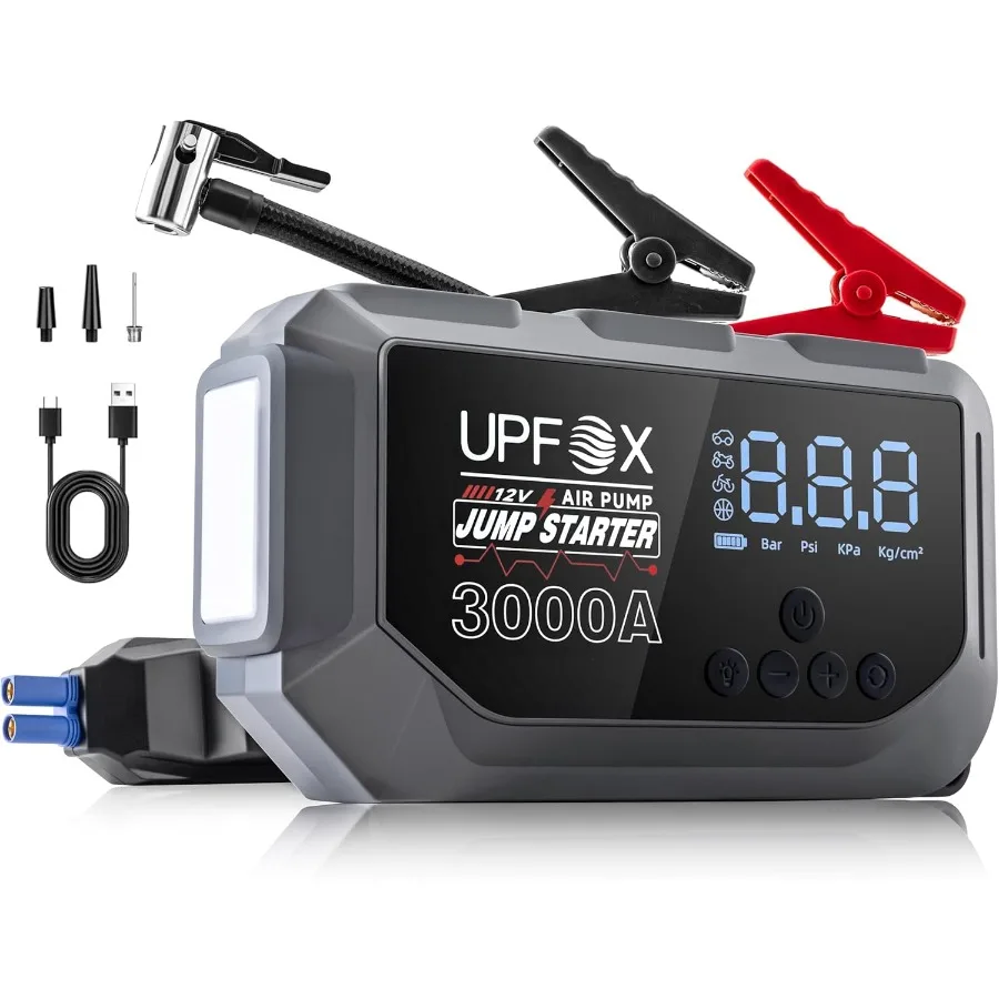 3000A Jump Starter with Air Compressor 12V Portable Car Jump Starter for 8.0L Gas 6.0L Diesel Engines 150PSI Tire Inflator with
3000A Jump Starter with Air Compressor 12V Portable Car Jump Starter for 8.0L Gas 6.0L Diesel Engines 150PSI Tire Inflator with